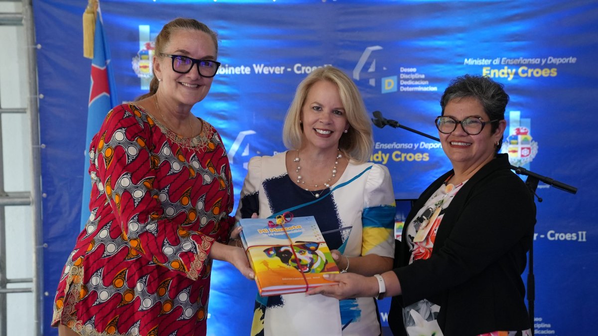 Prime Minister Evelyn Wever-Croes at the launch of the educational book