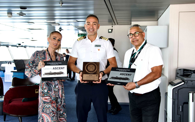 Aruba officials and Celebrity Ascent captain at plaques exchange