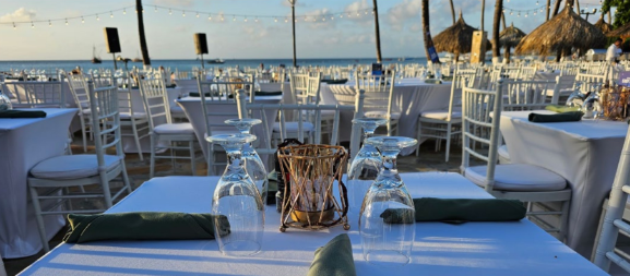 Aerial view of Holiday Inn Resort Aruba with white sand beaches and turquoise water.