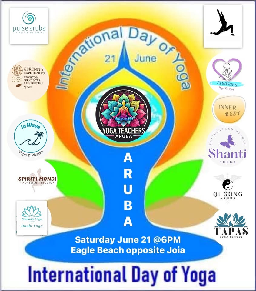 Community yoga session during International Yoga Day at Eagle Beach, Aruba