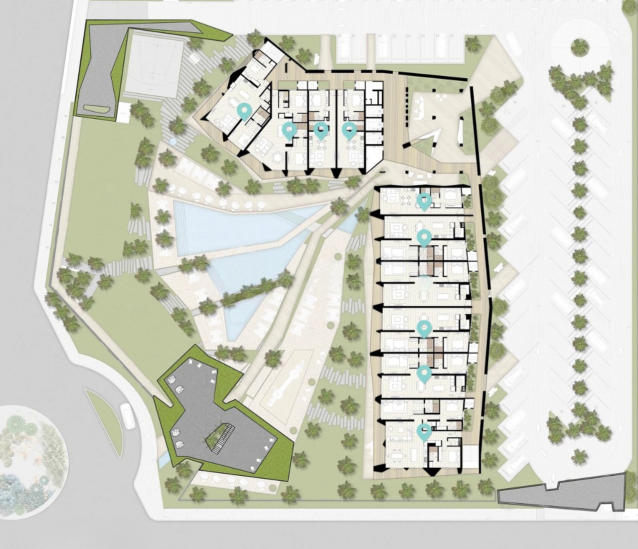 Modern architectural design and pool area at L’Aquila Residences Eagle Beach