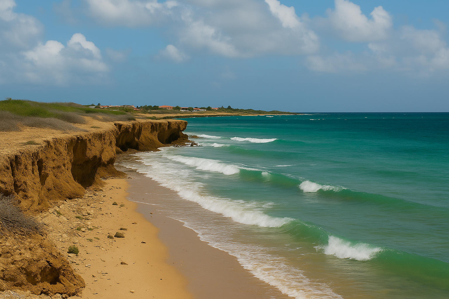 Eroding coastal cliffs and turquoise ocean waves along the shoreline of Aruba