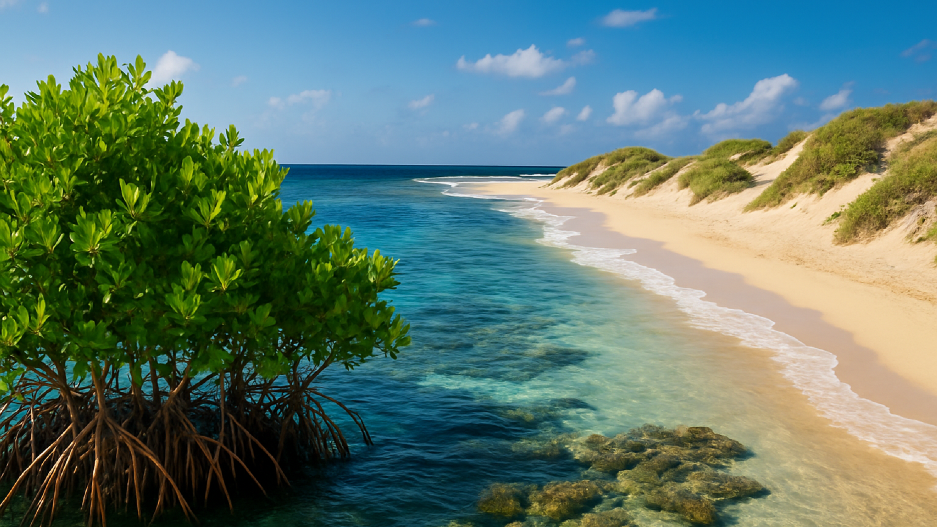 mangrove tree growing along a clear turquoise shoreline in Aruba