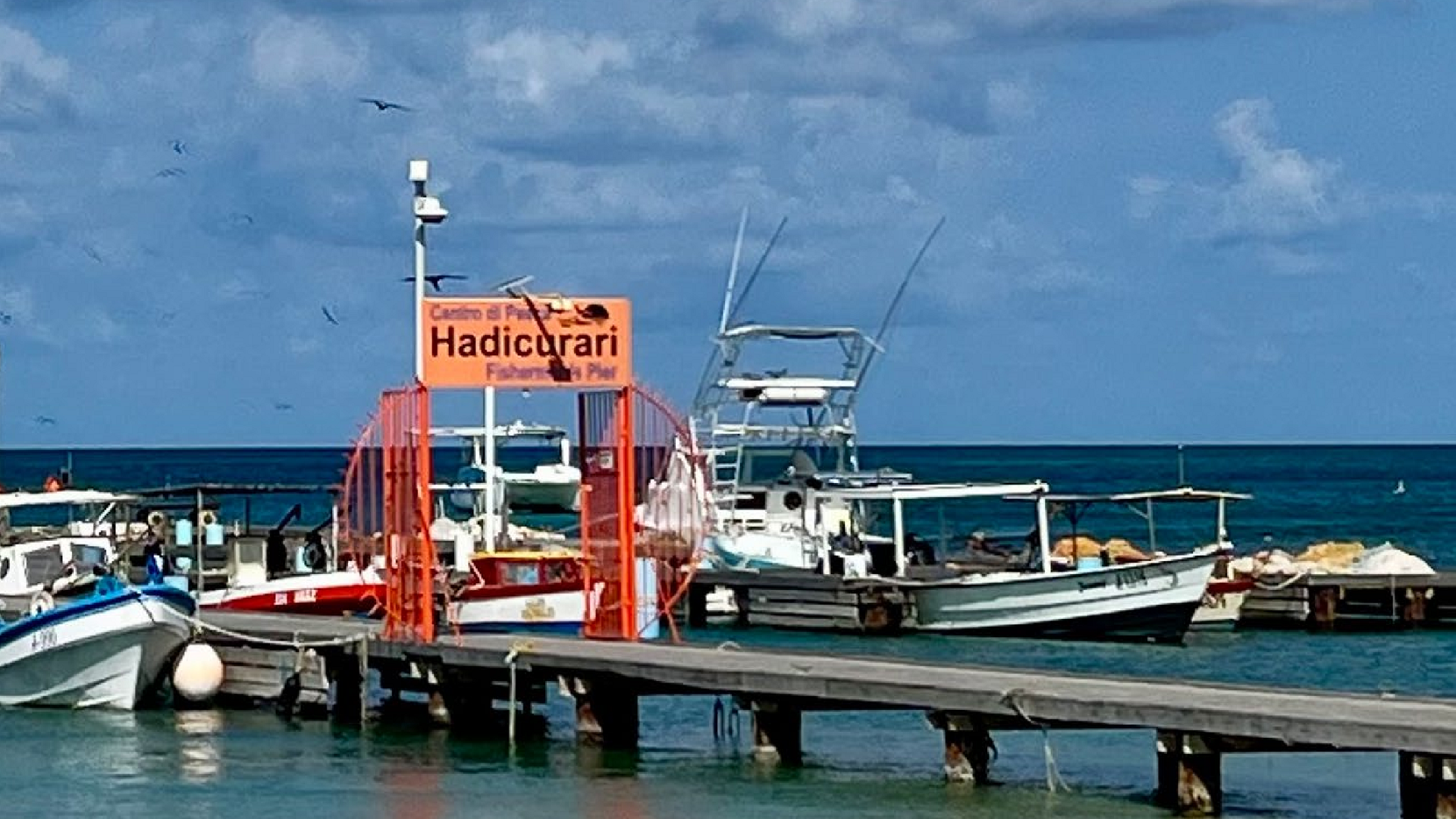 Fishing boats docked at Hadicurari pier in Aruba with turquoise waters
