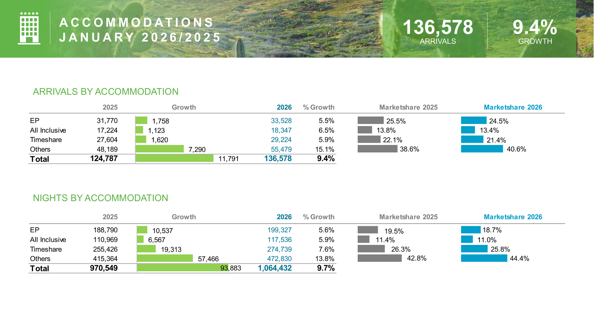 Chart showing Aruba arrivals and nights by accommodation