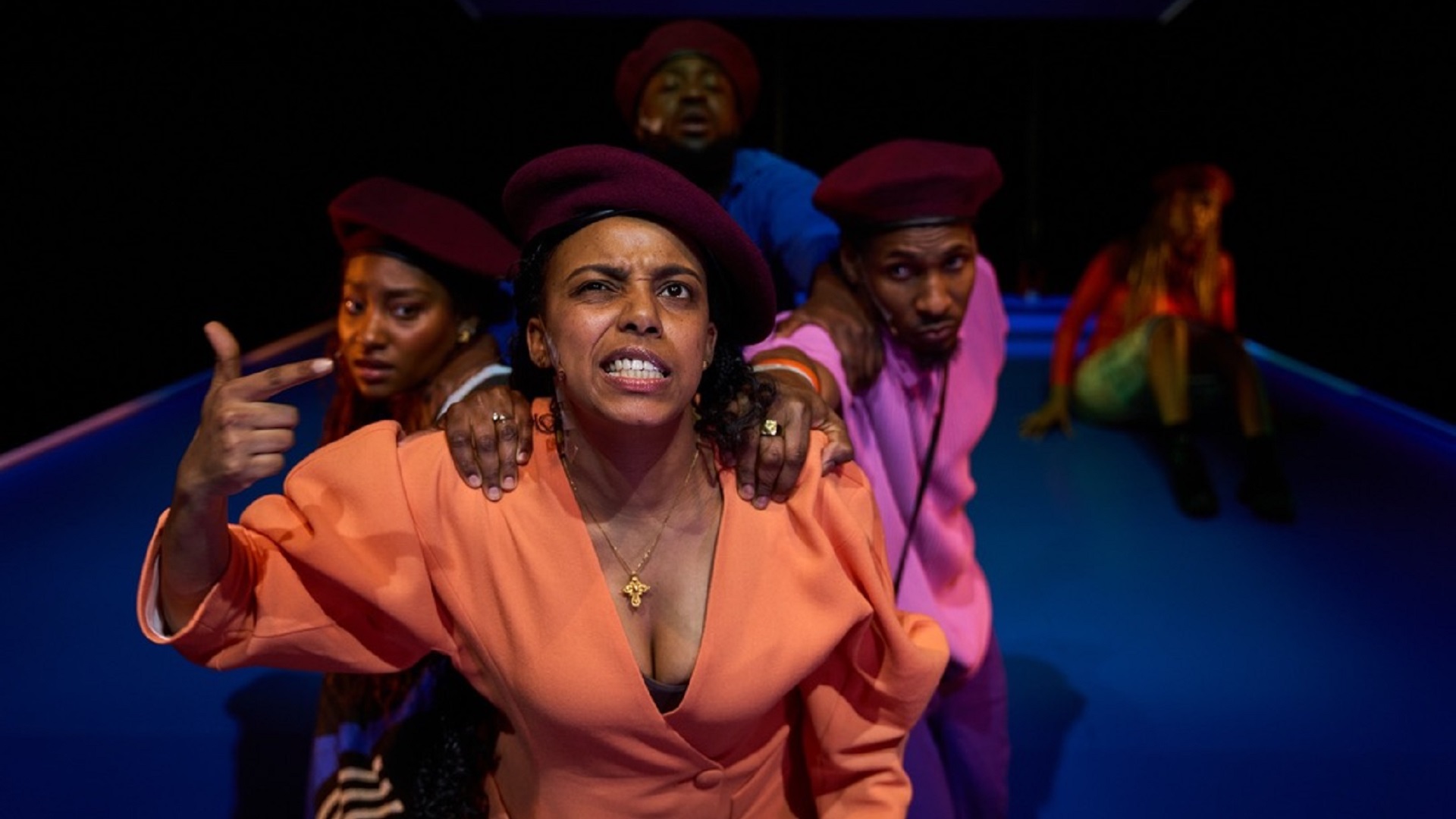 Lead actress delivering powerful expression during KINGS Come Home Aruba play